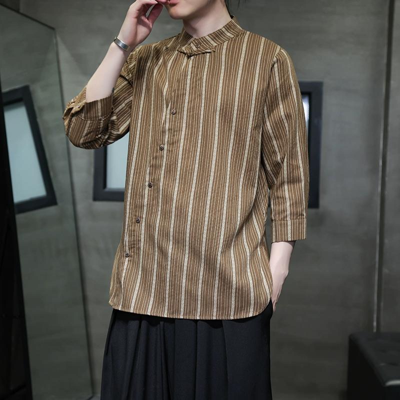 Мужская рубашка в полоску из конопли в китайском стиле, хлопково-льняной костюм Тан, одежда в стиле ханьфу в стиле ретро, топы в стиле Харадзюку, мужская одежда