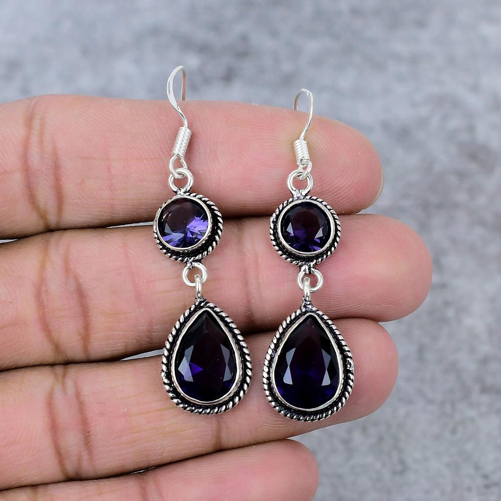 Amethyst Gemstone Handmade 925 Sterling Silver Jewelry Earring 2.56" M-340
