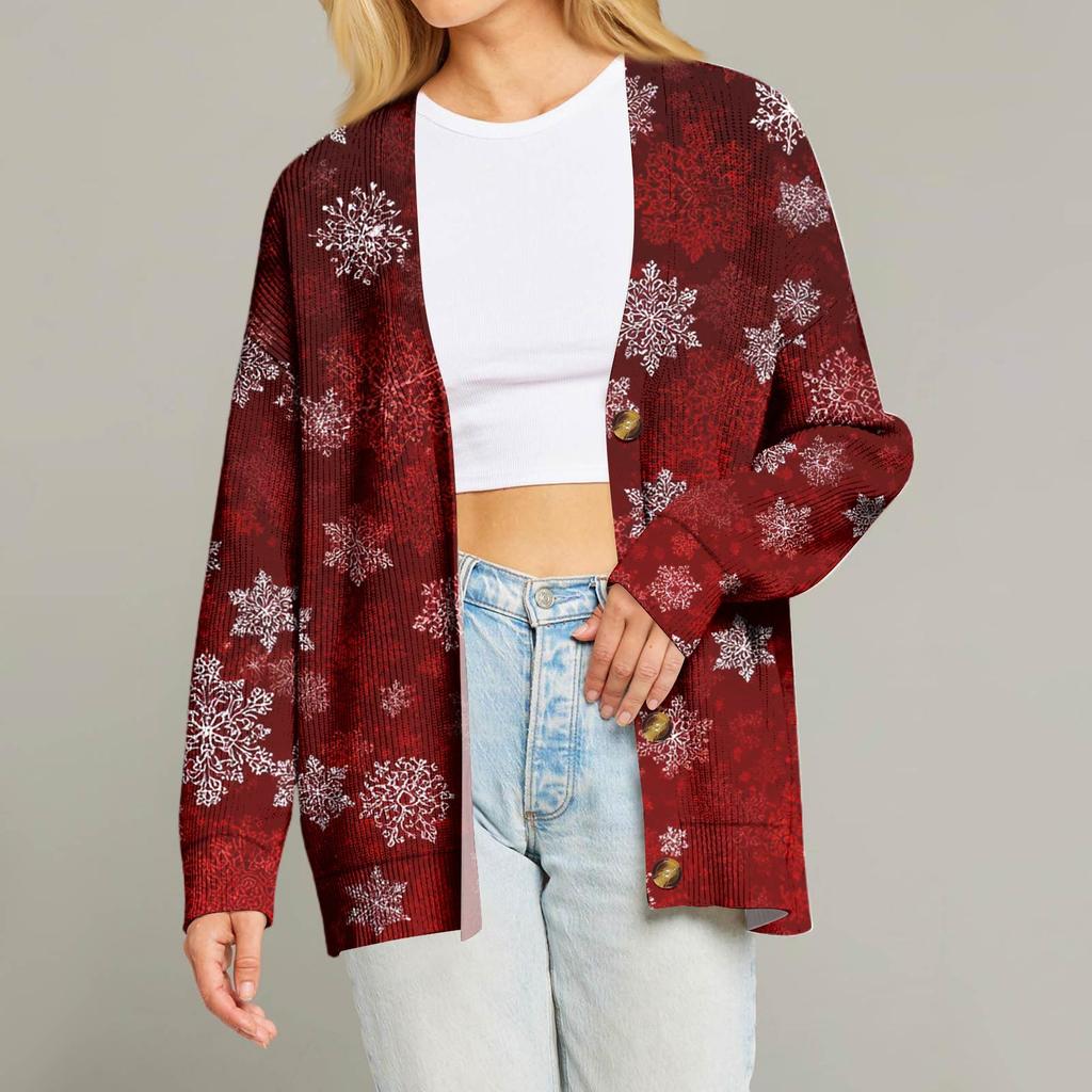 Женский модный кардиган с длинным рукавом, V-образным вырезом, на пуговицах, свободного кроя, с рождественским принтом