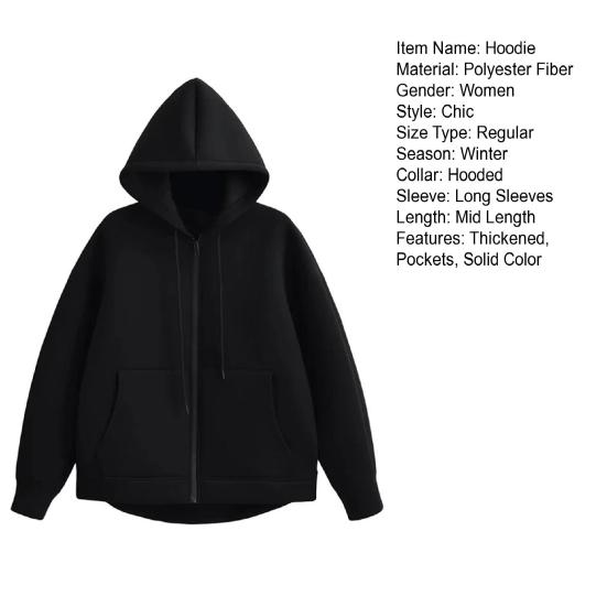 Женская толстовка с капюшоном на осень-зиму, толстый капюшон, застежка-молния, длинные рукава с большими карманами, однотонная свободная эластичная манжета, спортивное пальто на шнурке