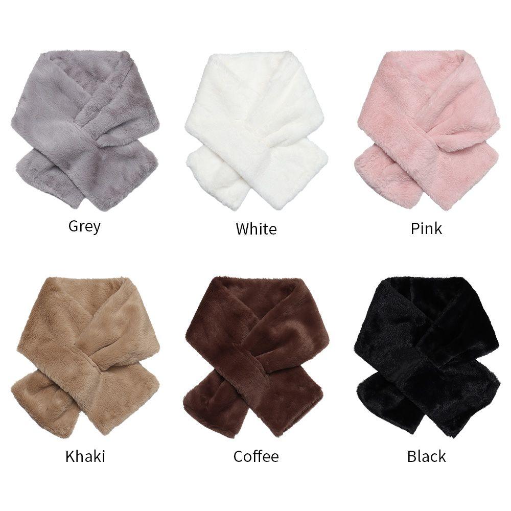 Women Shawl Faux Rabbit Fur Plush Neck Warmer Neckerchief Wrap Cross Scarf Solid Color