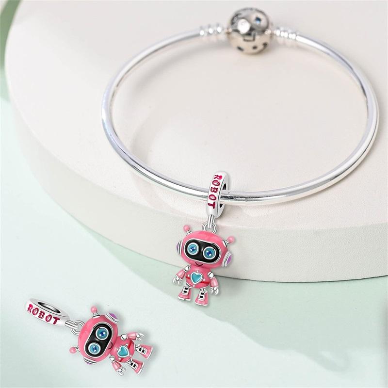New In Original Charms Copper Sweet Pink Robot Charm Beads Fits 3Mm Original Bracelets For Womens Diy Fine Jewelry Gift