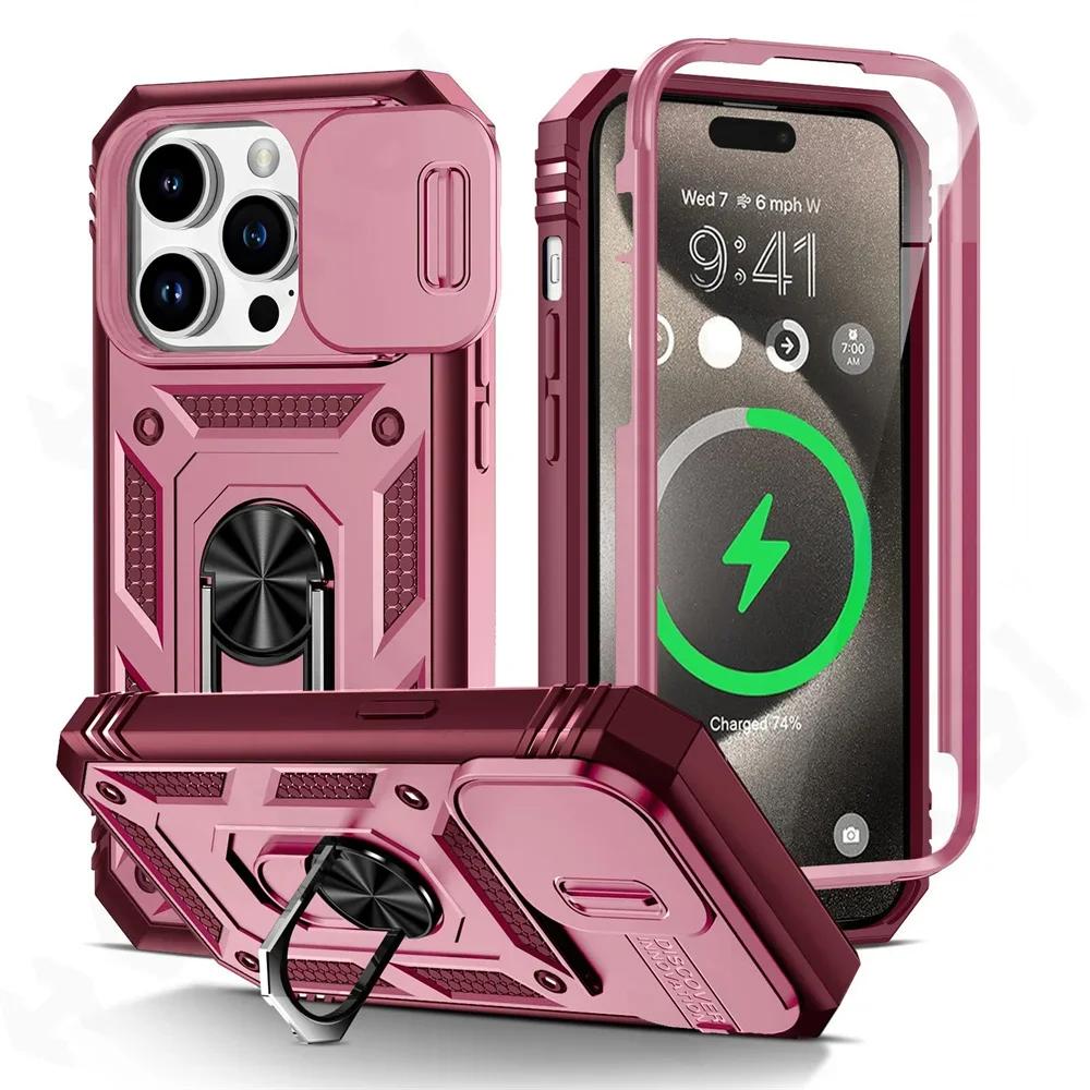 Case For iPhone 16 15 14 13 12 11 Pro XS Max XR Plus Camera Slide Military Grade Armor Protection 360 Degree Rotate Armor Cover