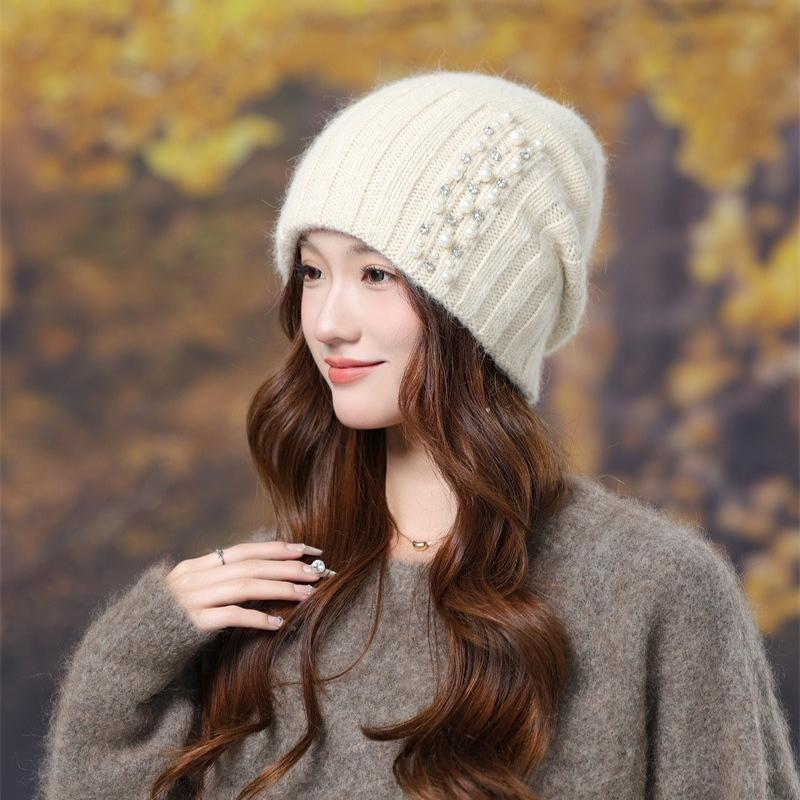 Пуловер из кроличьего меха, вязаная шапка, женская, осенне-зимняя, теплая шерстяная шапка, модный головной убор с жемчугом, для улицы