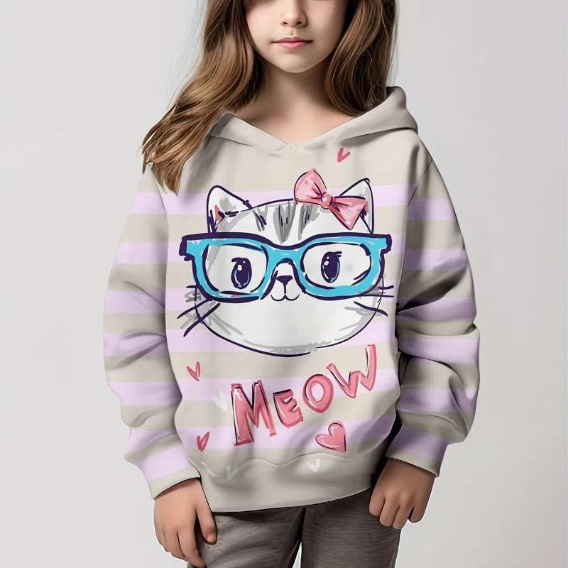 Толстовка с капюшоном для девочек с рисунком кота из мультфильма, детская одежда для девочек от 1 до 12 лет, удобная толстовка с длинным рукавом, детская одежда