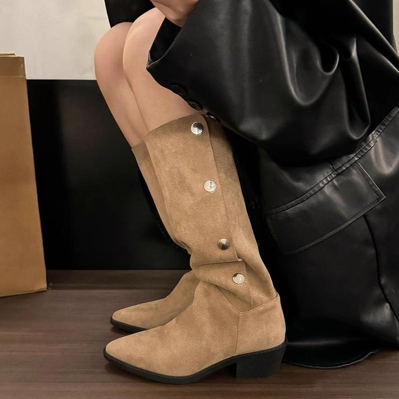 Модные женские сапоги-челси с острым носком до колена, замшевые туфли на среднем каблуке 2024 года, модные зимние туфли для вечеринок, туфли-лодочки, сексуальные туфли для ходьбы Mujer Zapatos