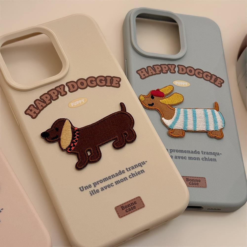 Dachshund Dog Embroidered Apple 16 Mobile Phone Case Ins Style Three Dimensional IPhone 17 Suitable for 13 Korean 15pro Max Soft