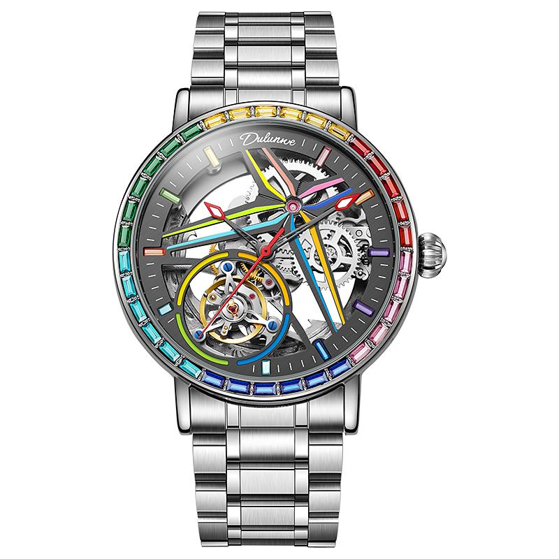 Dulunwe Радужные драгоценные камни турбийон модные часы скелетон мужские водонепроницаемые 30M спортивные часы роскошные автоматические механические наручные часы
