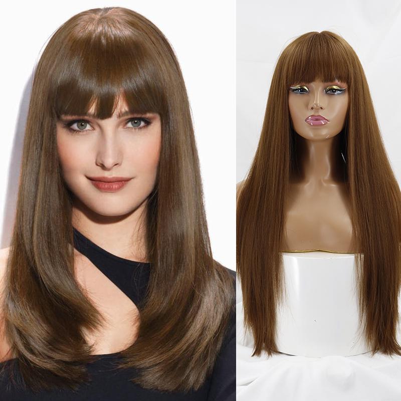 MISS WIG Women Fashion Long Straight Hair with Bangs Gradient Color Heat Resistant Cosplay Wigs Synthetic Fiber Wigs with Bangs