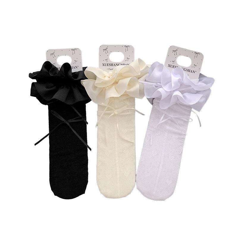 Женские летние тонкие гольфы в полоску «Любовь», балетного стиля, с лентами и кружевом