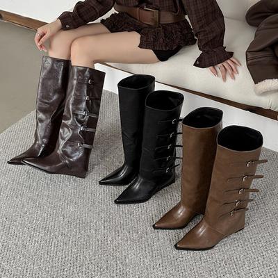 Пустошь ветер осень и зима новые сапоги женские до колена заостренные пряжка ремня танкетка западные ковбойские сапоги высокие сапоги-чулки