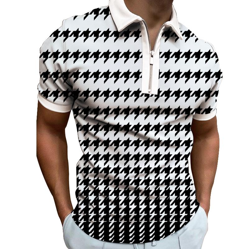 Мужская рубашка-поло с короткими рукавами и застежкой-молнией в черно-белый узор «гусиная лапка»