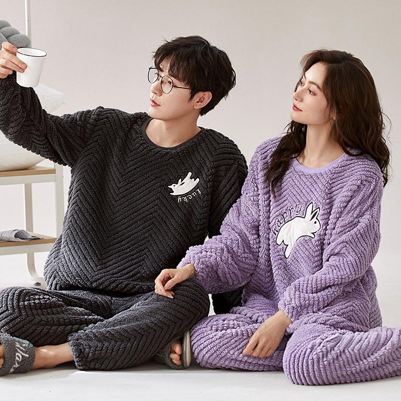 Мужская и женская толстая пижама из кораллового флиса: Теплый вельветовый фланелевый зимний комплект