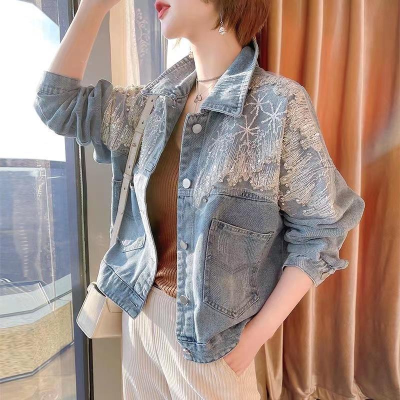 Short Crop Sequin 2025 Fashion Small with Rhinestones Diamonds Denim Jacket for Women Trend New Collection In Cowboy Coat Woman
