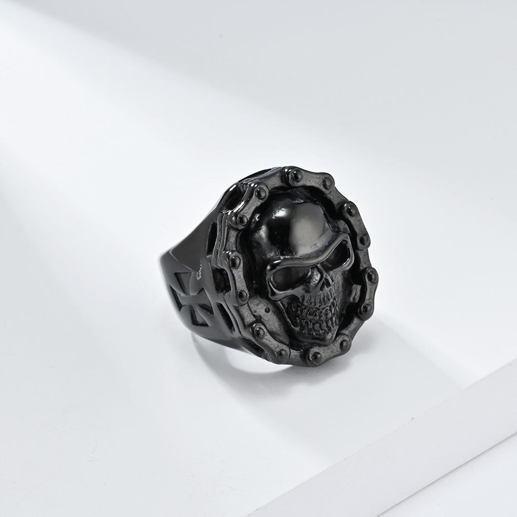 Retro Domineering Hiphop Biker Chain Skull Ring for Men Personalised Birthday Finger Ring Black Punk Street Wear Jewellery Accessories