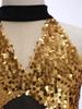 Kids Girls Cha-cha Salsa Latin Dance Costume Shiny Sequins Halter Sleeveless Mesh Waist Keyhole Metallic Back Tassels Leotard Dancewear