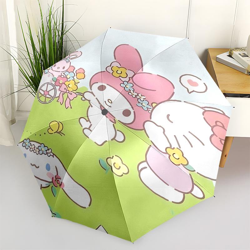 1pc My Melody & Friends Floral Print Automatic Opening/Closing Umbrella with Portable Tri-Fold Design, 8-Bone Iron Frame Outdoor Umbrella, Perfect Gif