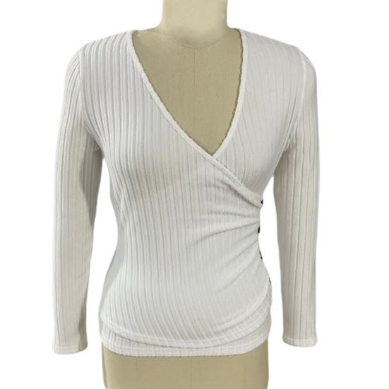 Женские осенние однотонные топы с глубоким v-образным вырезом и длинными рукавами, элегантные облегающие пуловеры с декором на пуговицах, топы в рубчик