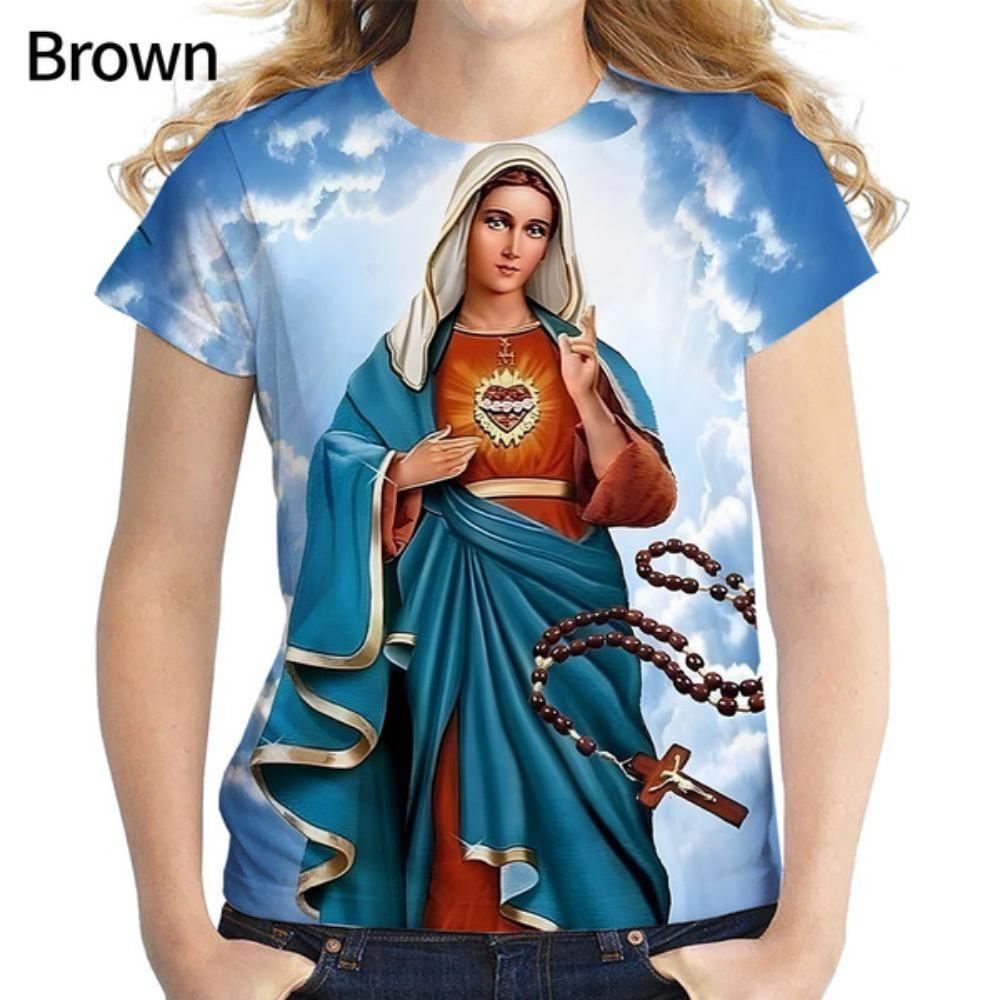 Women Fashion Virgin Mary 3D Printing T Shirt Summer Christian Mother of God Personality Short Sleeved Blouse