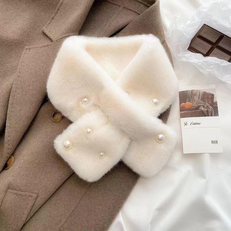 Женский шарф в корейском стиле из искусственного меха кролика рекс - Универсальный осенне-зимний толстый теплый жемчужный шарф-манишка.