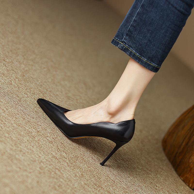 Женские туфли на шпильке, новые винно-красные туфли во французском стиле, темпераментные, коричневые, профессиональные, с низким вырезом, на высоких каблуках с острым носком