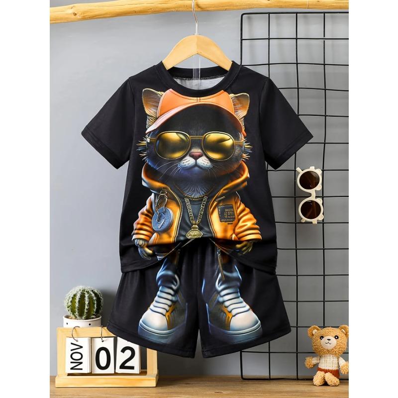 Little Boy Casual Simple Cartoon Fashion Handsome Cool Boy Pattern Short Sleeve Round Neck 2-piece Suit Suitable for Summer