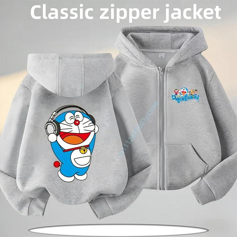 2026 New Doraemon Cartoon Print Children's Zippered Hooded Sweatshirt for Boys, Girls, Casual Top, Autumn-Winter Coat