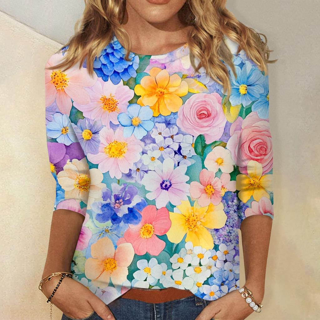 Women's Fashion Casual Round Neck 3/4 Sleeve Loose Printed T-Shirt Ladies Top