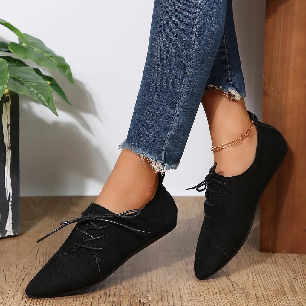 Модная обувь с острым носком Женская обувь Повседневная классика Черная шнуровка Удобные балетки Женские балетки для женщин