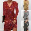 Women Dress V Neck Long Sleeve Shiny Sequin Loose A-line Solid Color Soft Breathable Pullover Elastic Above Knee Length Party Club Mini Dress
