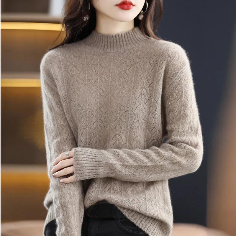 Spring Autumn Mock-neck Pullover Sweater for Women Hollow Out Knitwear Jumpers Female Pull Femme Top