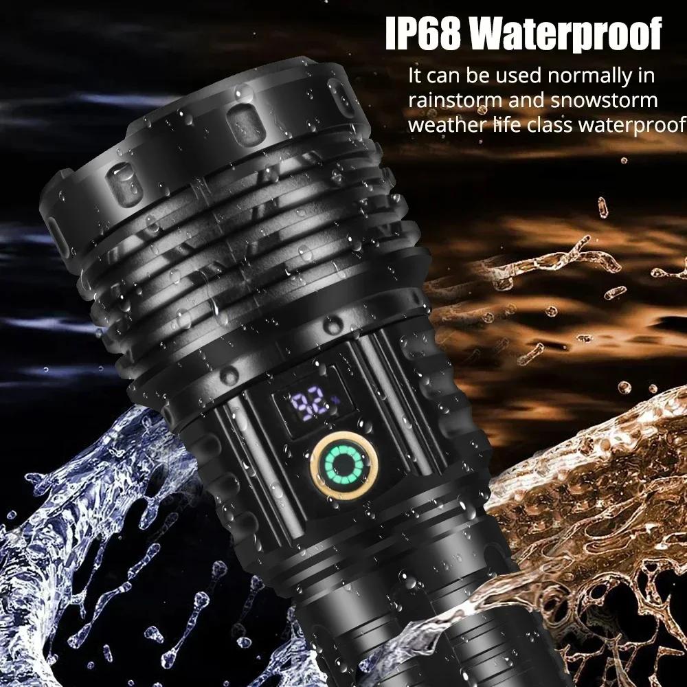 3000000LM High Power LED Flashlight 4500mah Built-in Battery Torch Ultra Bright Telescopic Zoom Powerful Lantern with Tail Light