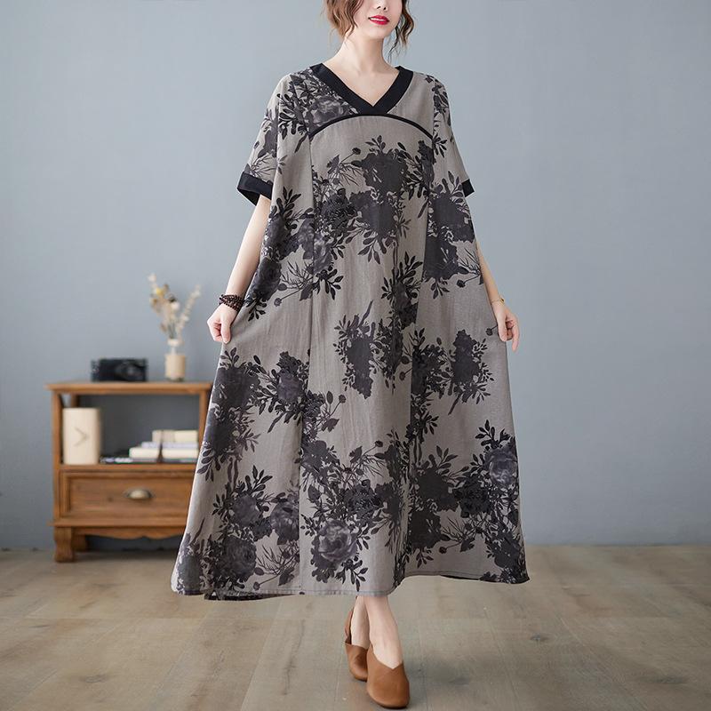 Летнее свободное платье большого размера в китайском стиле с V-образным вырезом, контрастное хлопковое льняное платье с короткими рукавами, утягивающее, средней длины, для женщин, платья