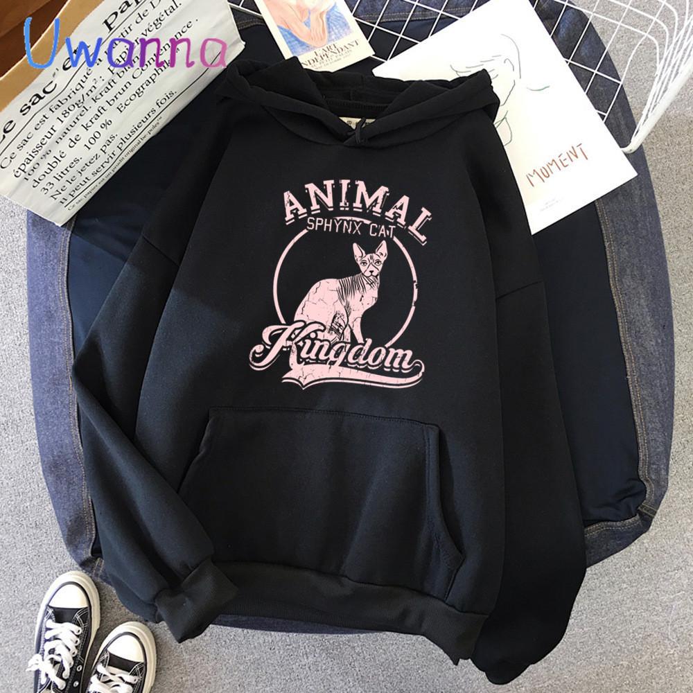 Pink Hoodies Woman Harajuku Animal Sphynx Cat Kungdom Long Sleeve Y2k Tops Winter Loose Hoodie Print Sweatshirt Women Clothes