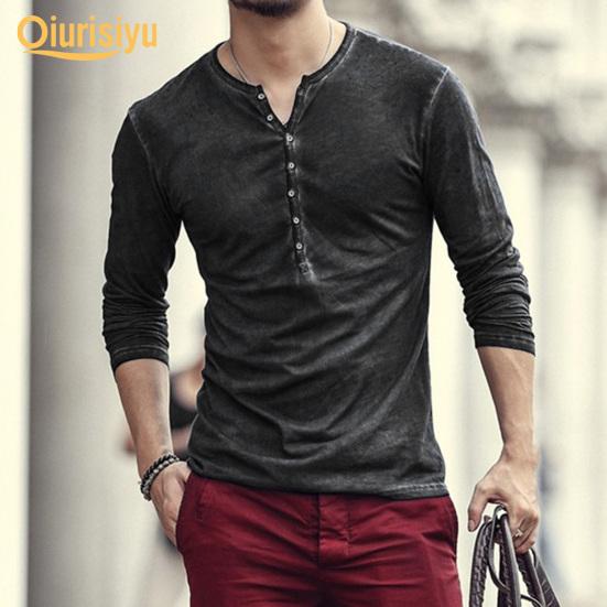 Men Solid Color Casual V Neck Thin Buttons T-shirt