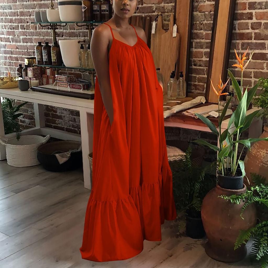 Женское модное повседневное однотонное платье на бретельках с карманом, свободное платье с открытой спиной, большое распашное платье