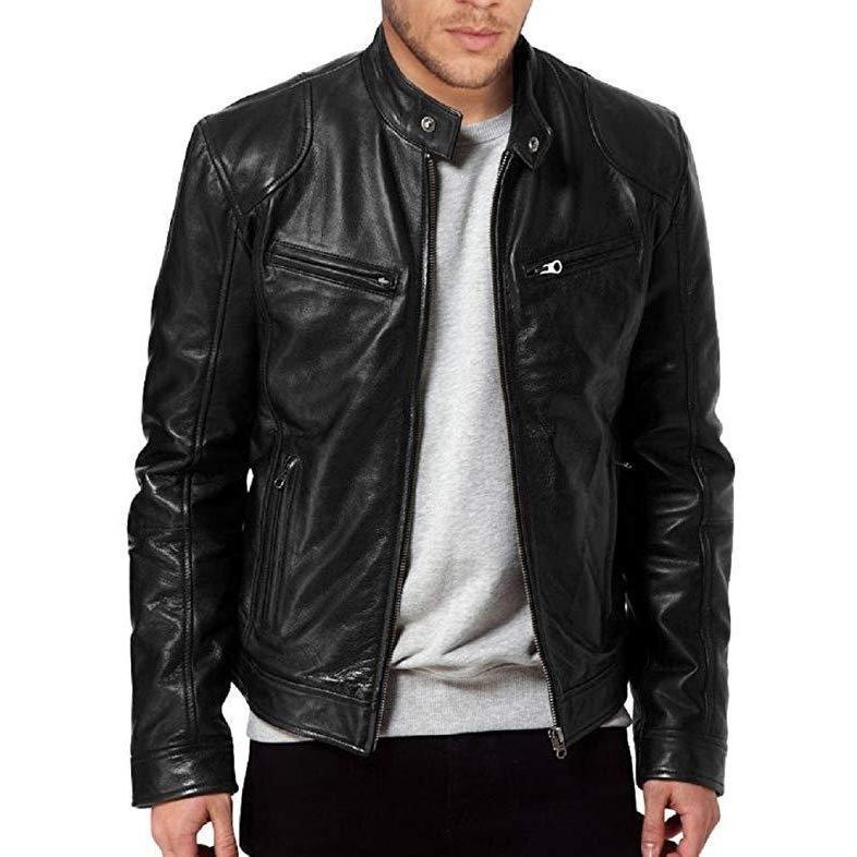 Мужская мотоциклетная кожаная куртка Slim Fit Short Coat с отворотами PU Jackets Autumn Zip Stand Windproof Leather Coat