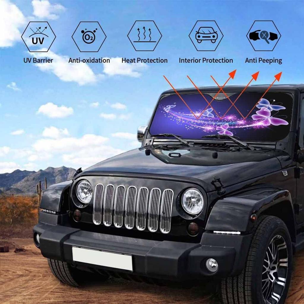Purple Blue Butterfly Front Windshield Sun Shade Accordion Folding Auto Sunshade For Car Truck SUV-Blocks UV Rays Sun Visor Protector