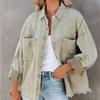 Women's Denim Jacket with Ripped Turn-down Collar, Long-sleeved Tops with Pockets, Single Breasted Coat with Tassels, Loose Outerwear