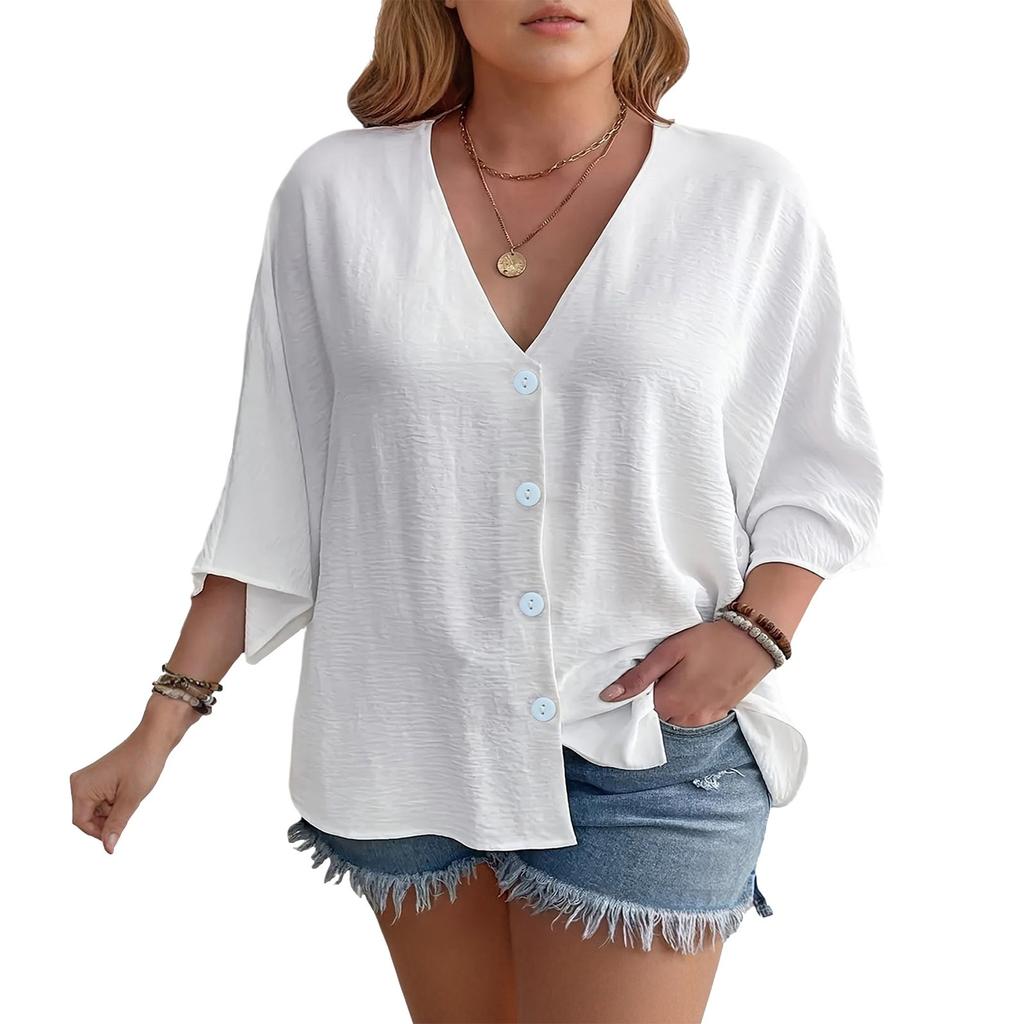 Women's Casual V Neck Button Shirt Classic Short Sleeve Shirt Tops Fashion Loose Solid Color