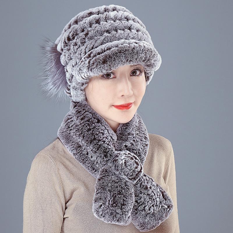Шапка-шарф из меха кролика Рекс, два комплекта для пожилых женщин, женщин, осени, зимы, матери, бабушки