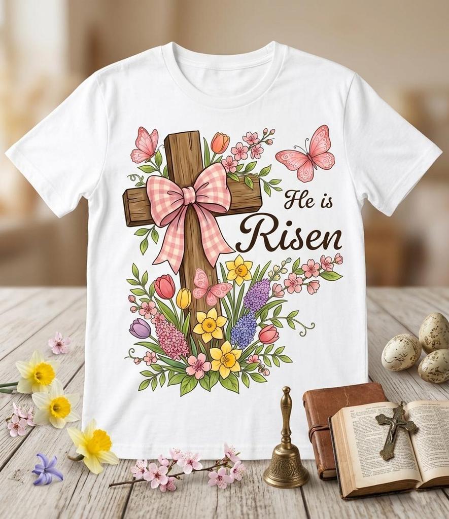 Floral Cross Christian Easter Shirt, He Is Risen Religious Tee