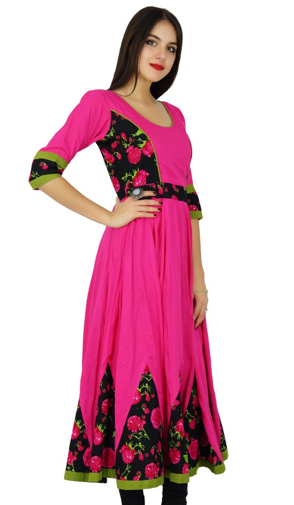 Bimba Women Cotton Dress Long Flaired Kurta 3 4 Sleeve Kurti Indian Chic