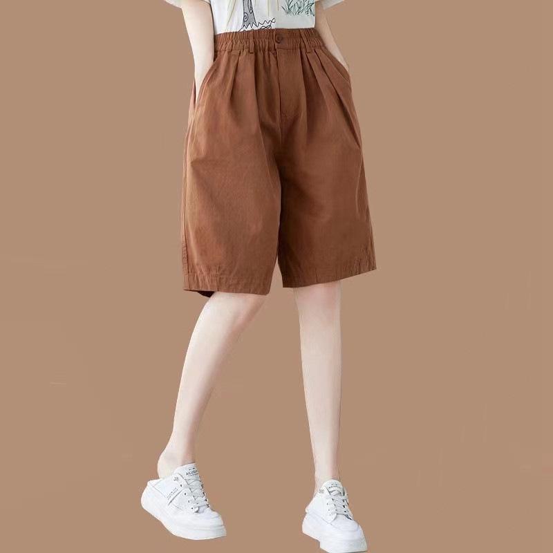 Women's Trendy Cotton Casual Loose-Fit Elastic Waist Shorts - Solid Color, Plus Size, Summer Style