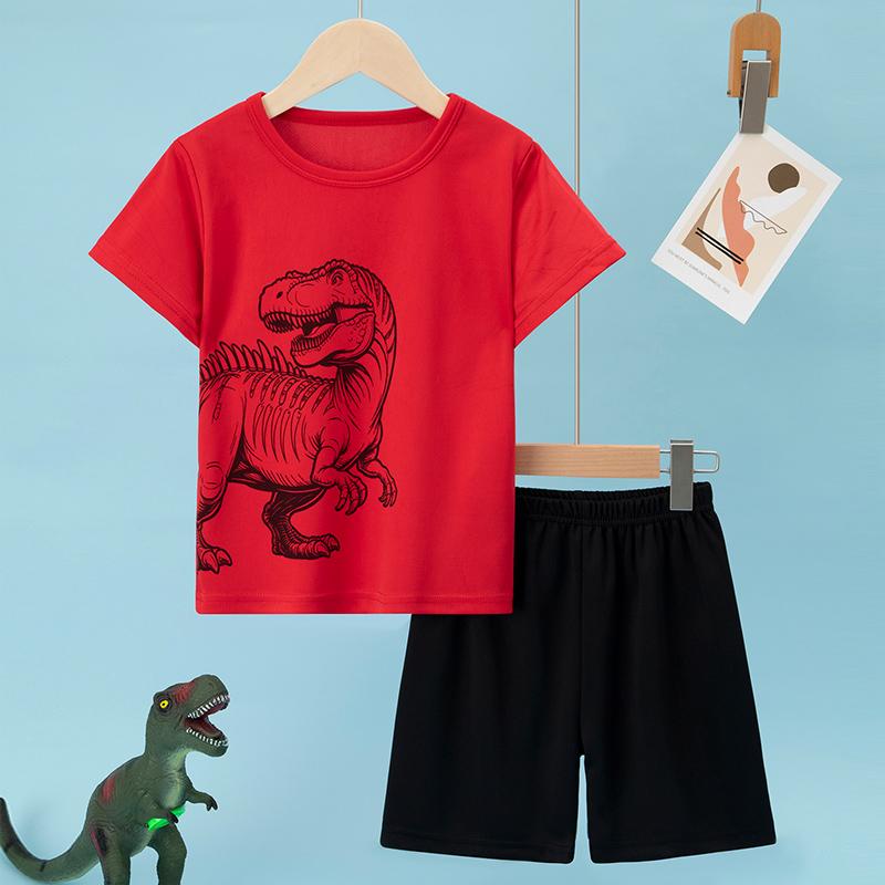 2-Piece Children's Summer Quick Drying Sports Suit for Boys and Girls, Handsome Dinosaur Print Short-Sleeved Top, Black Shorts