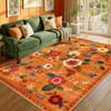 Washable Burnt Orange Floral Area Rug, Boho Cute Non Slip Print Carpet, Soft Farmhouse Rug for Living Room Bedroom Kitchen