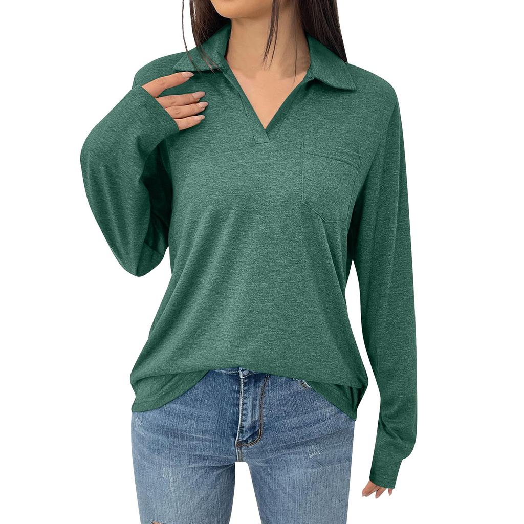 Женская модная однотонная свободная футболка с лацканами и длинными рукавами и карманами