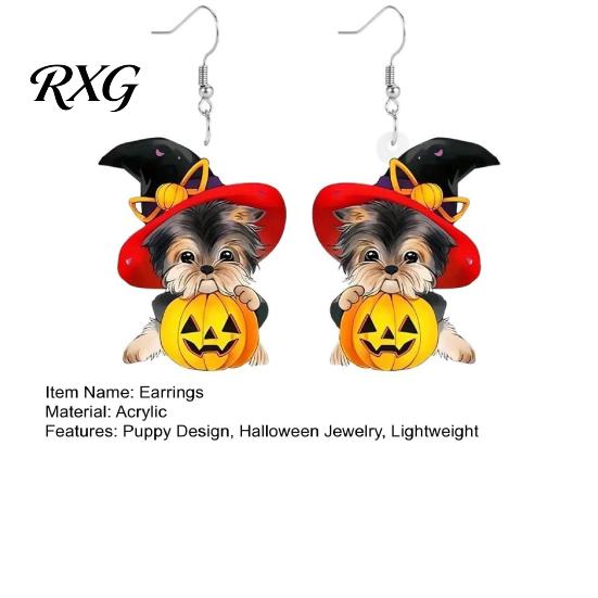 Novelty Halloween Party Earrings Witch Hat Puppy Earrings, Cute Dog Pumpkin Drop Rust-proof Curved Ear Hooks Lightweight Acrylic Jewelry, Accessories