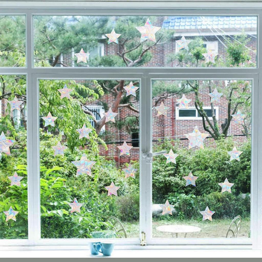 36 Pieces Star Window Decals for Bird Strike Prevention - Reble Rainbow Suncatcher Clings to Save Birds, Non-Adhesive Anti-Collision Stickers, Easy