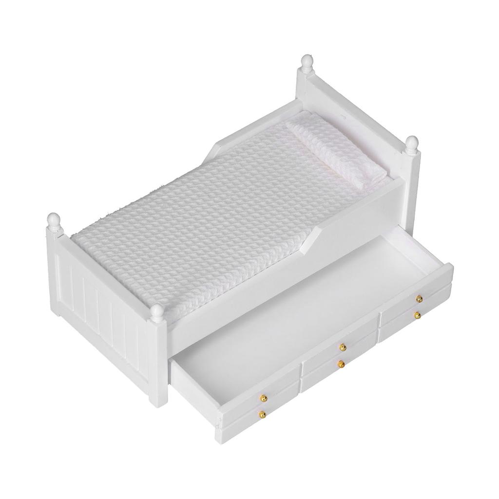 1:12 Miniature Dollhouse Birch Bed Mini Furniture Doll House Decoration AccessoriesWhite